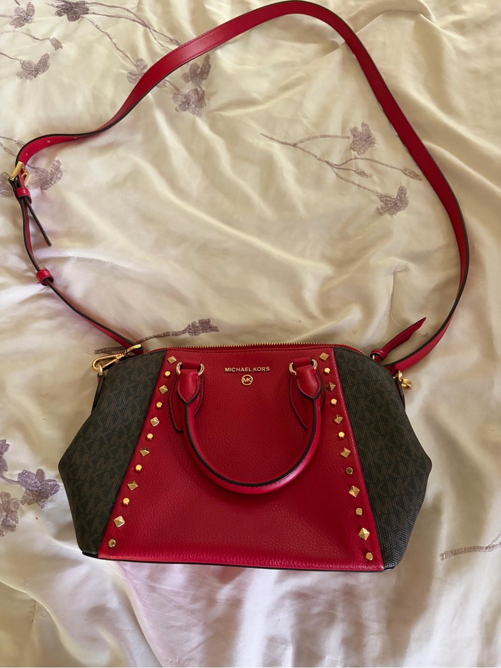 Michael Kors Red & Brown Studded Crossbody Satchel
